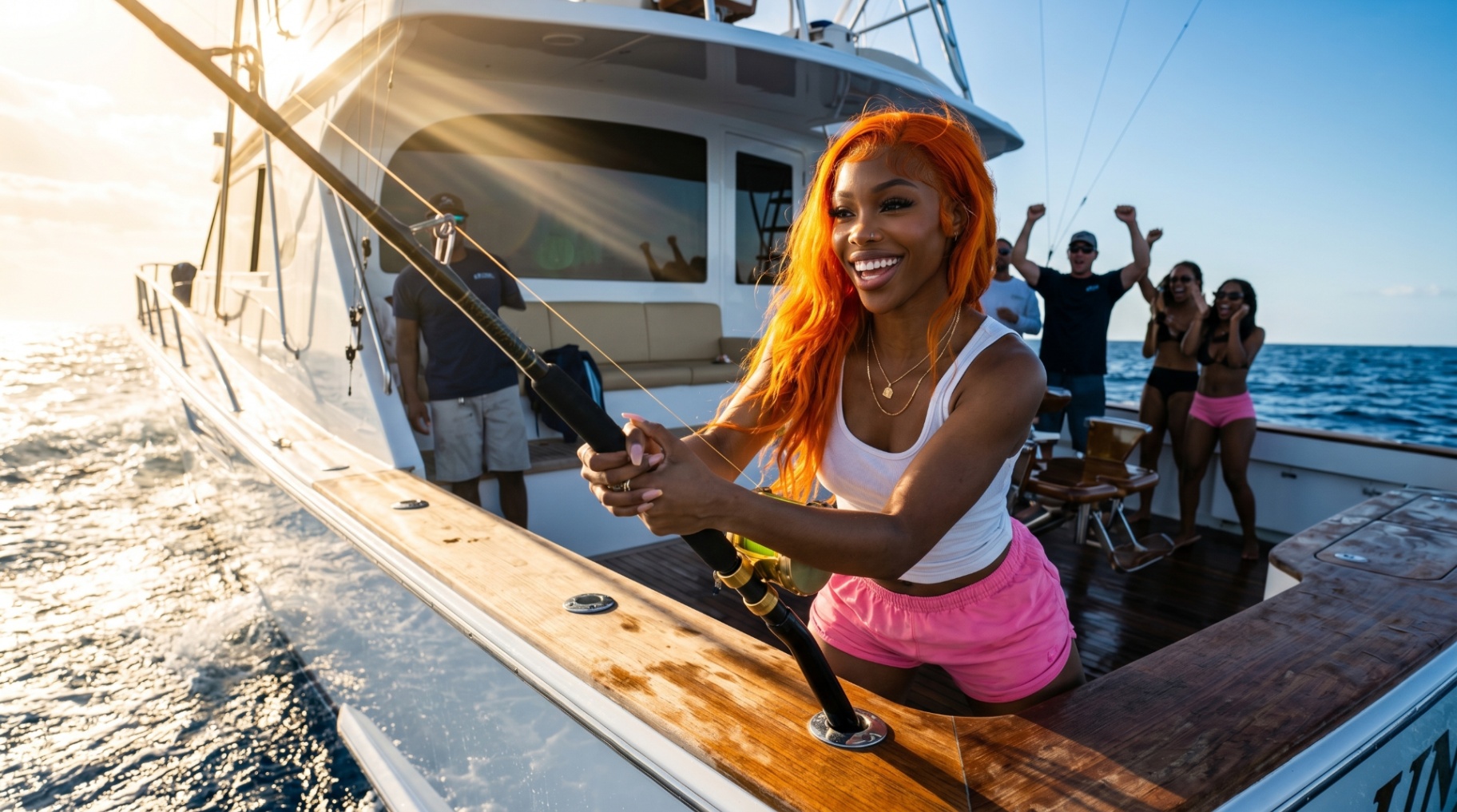 Jenna Smart deep sea fishing on a yacht at sunset