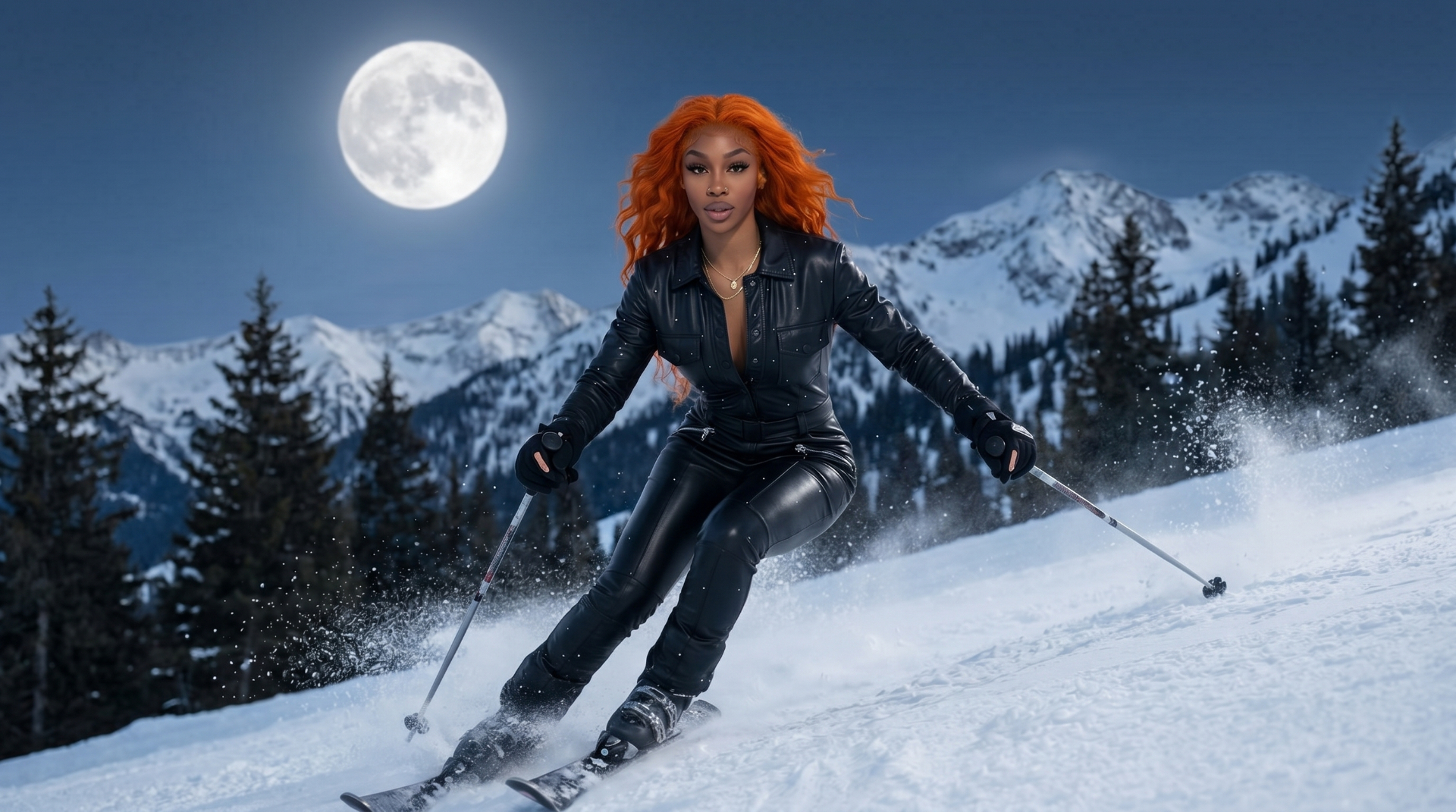 Jenna Smart skiing at night under a full moon