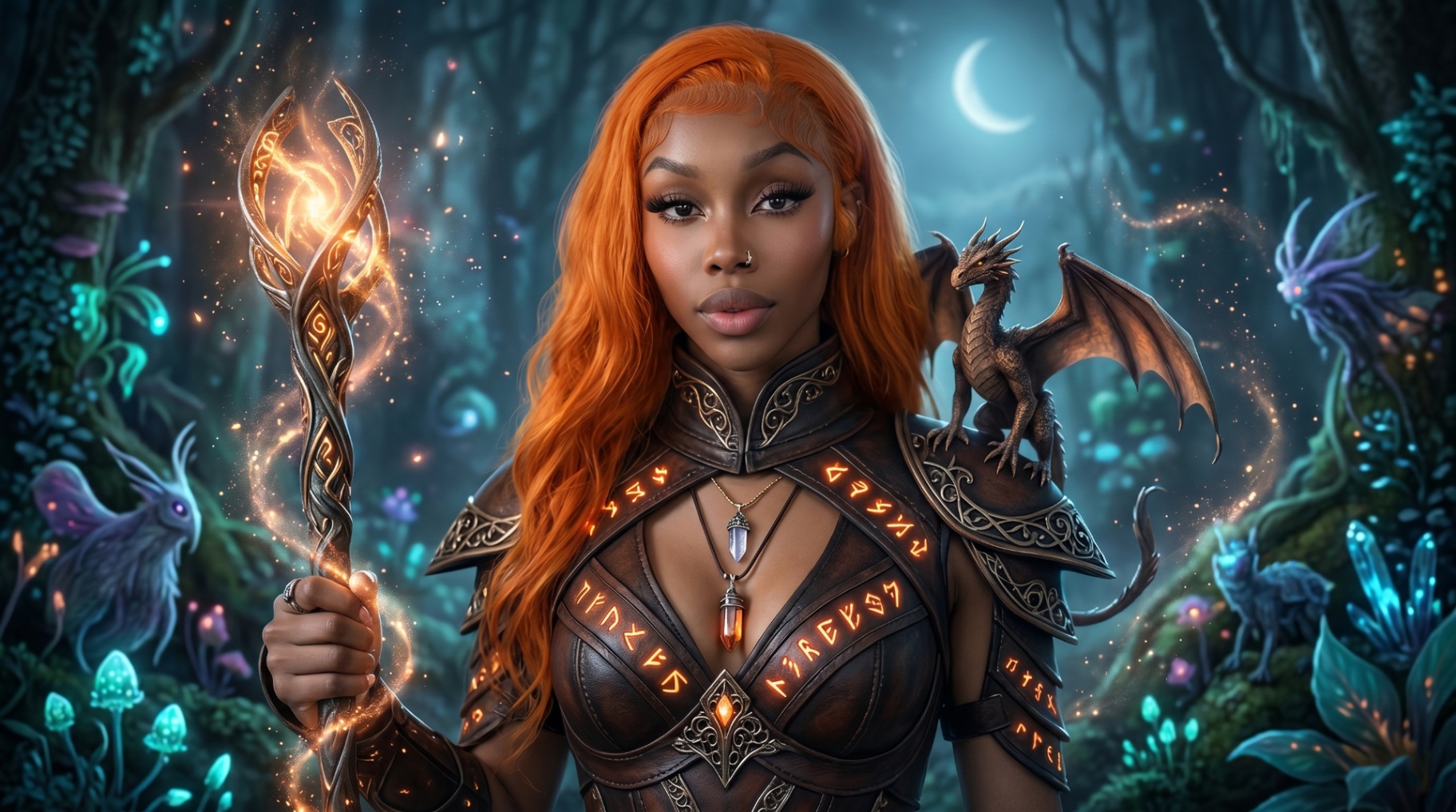 Fantasy portrait of Jenna Smart with a glowing staff and a dragon